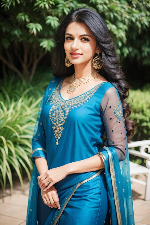 portrait of A confident-looking smiling happy indian woman princess with long flowing hair, hazel eyes, wearing designer jewellery, blue designer dress, standing in royal garden, bokeh perfect composition, hyperrealistic, super detailed, 8k, high quality, trending art, trending on artstation, sharp focus, photo shoot, intricate details, highly detailed, art by greg rutkowski