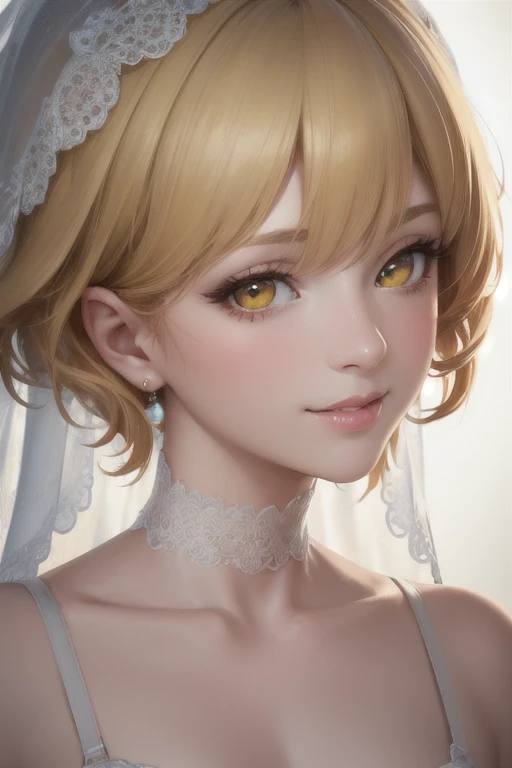 girl,Character design sheet,Beautiful attention to detail,Beautiful lip detail,Highly detailed eyes and face,Long eyelashes, Like an oil painting, art, Super detailed,Professional,Vibrant colors,Portraiture,Studio Lighting,,Physically Based Rendering,High resolution,超High resolution. Yellow Eyes, Blonde,Short Hair,smile,Fluttering Hair、White Veil,rib cage,Overreaching