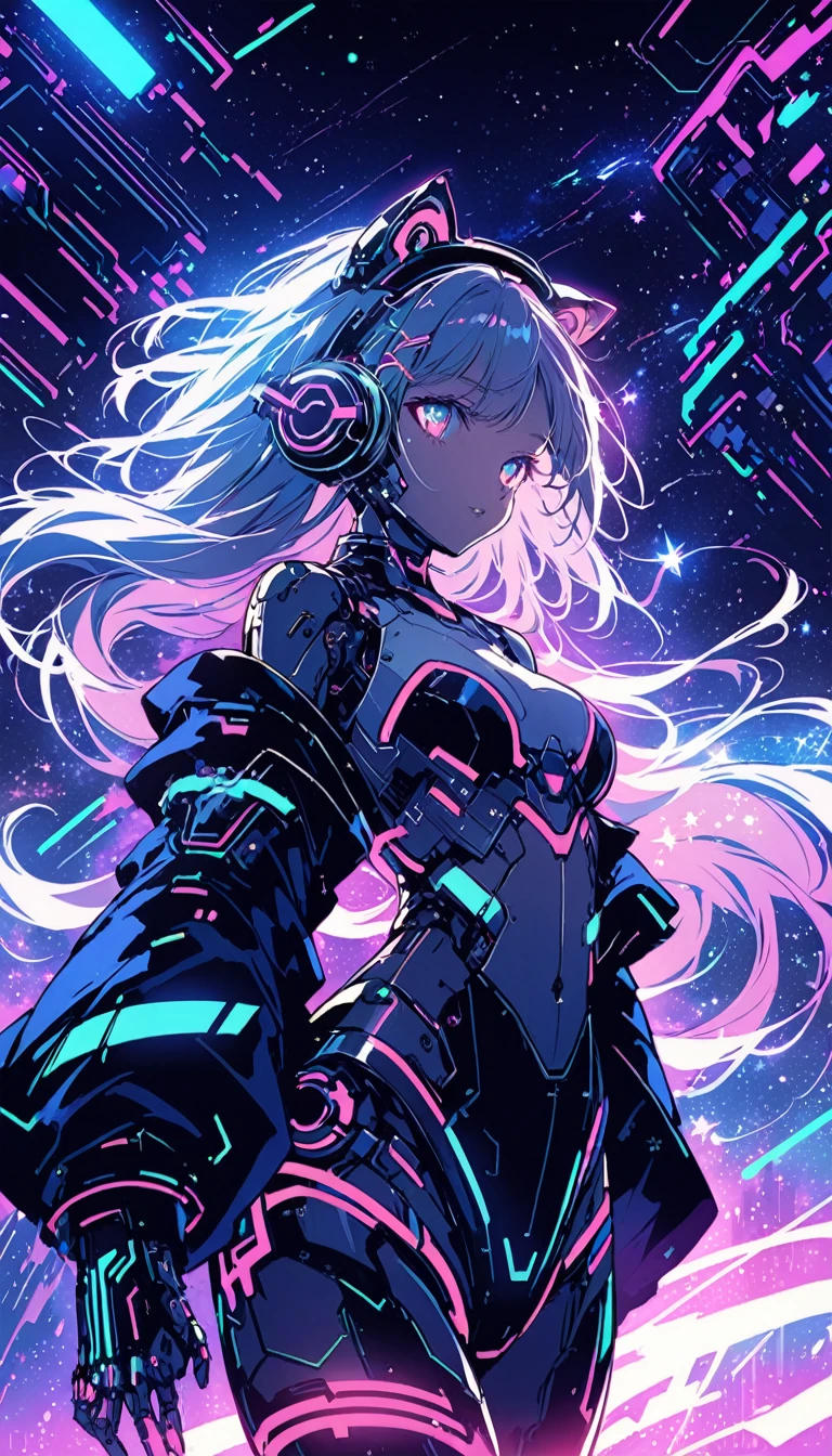 Anime cyberpunk girl, cat ears, futuristic outfit, beautiful cyborg, dreamy atmosphere, digital art, neon colors, headphones, mecha elements, starry background
