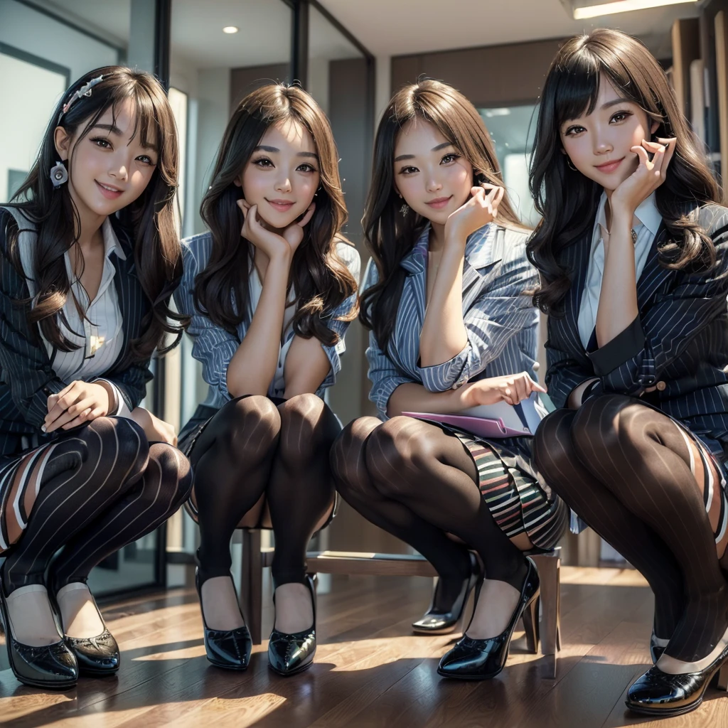 (best quality, masterpiece:1.5), (ultra-detailed, realistic:1.37),4K,(4girls:1.5),japanese,cute,beautiful,(striped office suits:1.3),(tight skirt),(black pantyhose:1.2),smile,
