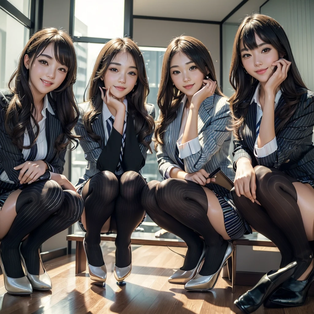 (best quality, masterpiece:1.5), (ultra-detailed, realistic:1.37),4K,(4girls:1.5),japanese,cute,beautiful,(striped office suits:1.3),(tight skirt),(black pantyhose:1.2),smile,
