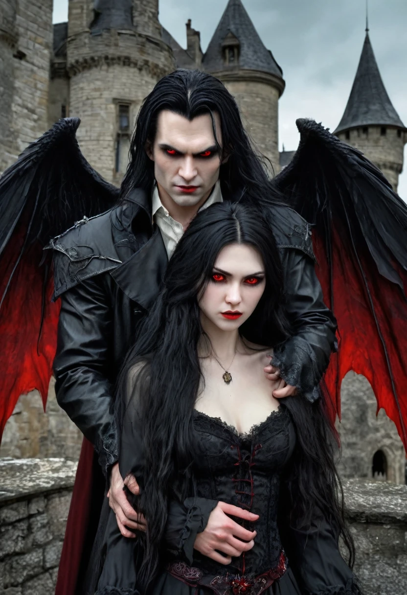 Image of a man and a woman who are vampires , man long hair , women with black hair and fair skin , red eyes in men and women , man and woman with little angry expression , man and woman with vampire wings on their back , old castle background