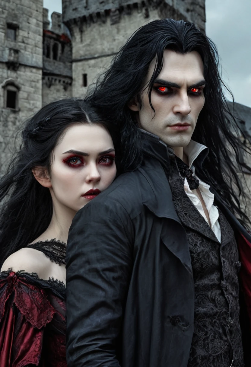 Image of a man and women who are vampiers , man long hairs , women with black hairs and pale skin , red eyes eye on both man and women , man and women with little angry expression , man and women having vampire wings on back , old castle background