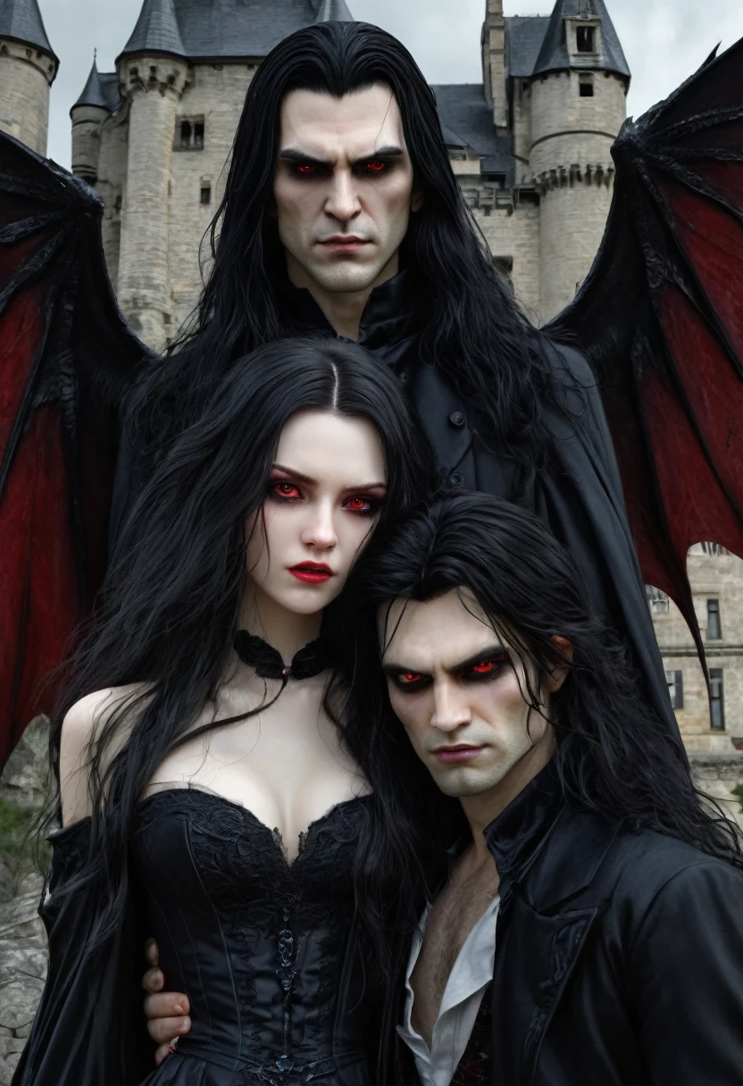 Image of a man and women who are vampiers , man long hairs , women with black hairs and pale skin , red eyes eye on both man and women , man and women with little angry expression , man and women having vampire wings on back , old castle background