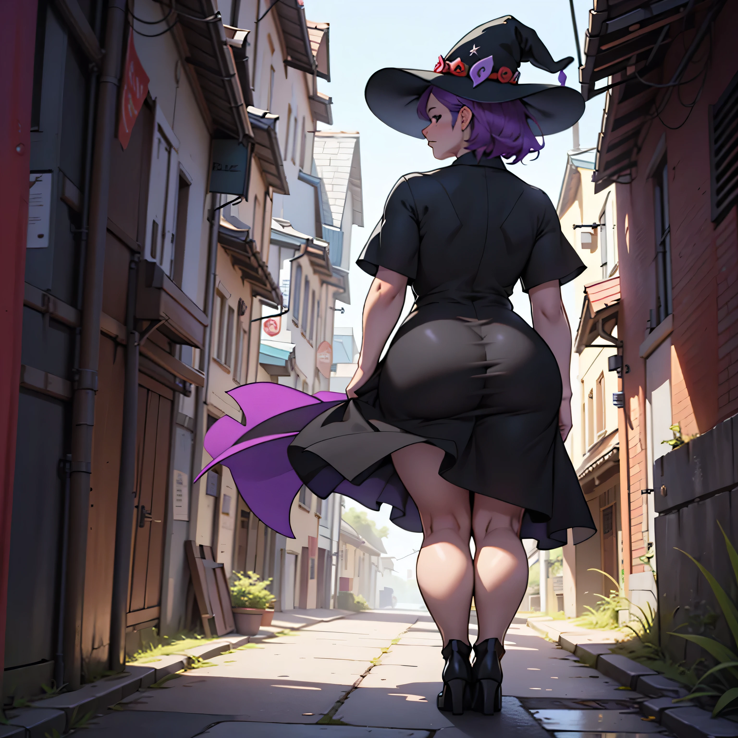 older woman in her 30s, with short purple hair and a tall, curvy body, view from behind, standing backwards, breasts big, in this, (work of art, best qualityer:1.2) wearing the legendary great black dress of the mystical sorceress, Big witch hat, standing alone, alone