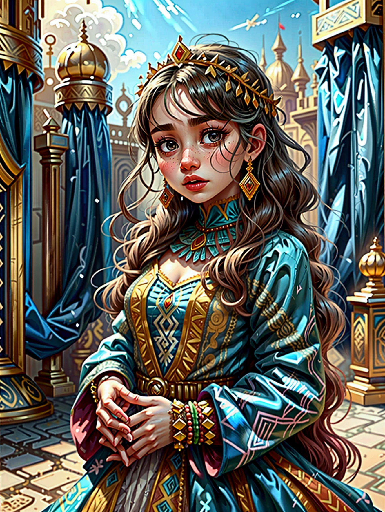 Desert Princess, Wear colorful traditional clothing, An atmosphere of magic and whimsy, Similar to the setting of an animation poster. She strikes a stunning pose in Algiers&#39; enchanting castle, Usually shot with a wide-angle lens, Show the grandeur of the venue, A passion for color and vitality. Special focus on depicting the essence of North African culture and heritage, Embodying her inherent royalty and femininity