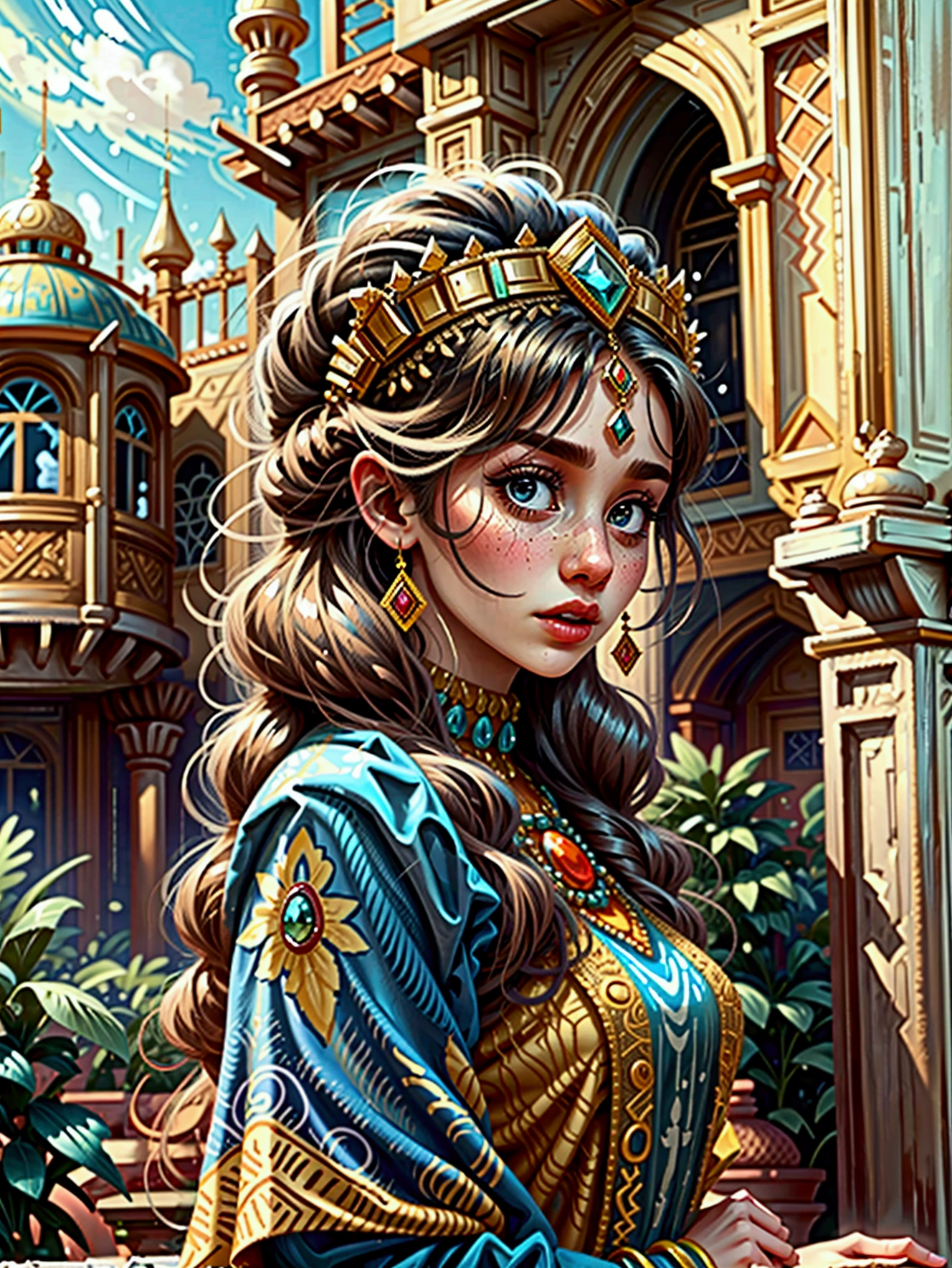 Desert Princess, Wear colorful traditional clothing, An atmosphere of magic and whimsy, Similar to the setting of an animation poster. She strikes a stunning pose in Algiers&#39; enchanting castle, Usually shot with a wide-angle lens, Show the grandeur of the venue, A passion for color and vitality. Special focus on depicting the essence of North African culture and heritage, Embodying her inherent royalty and femininity