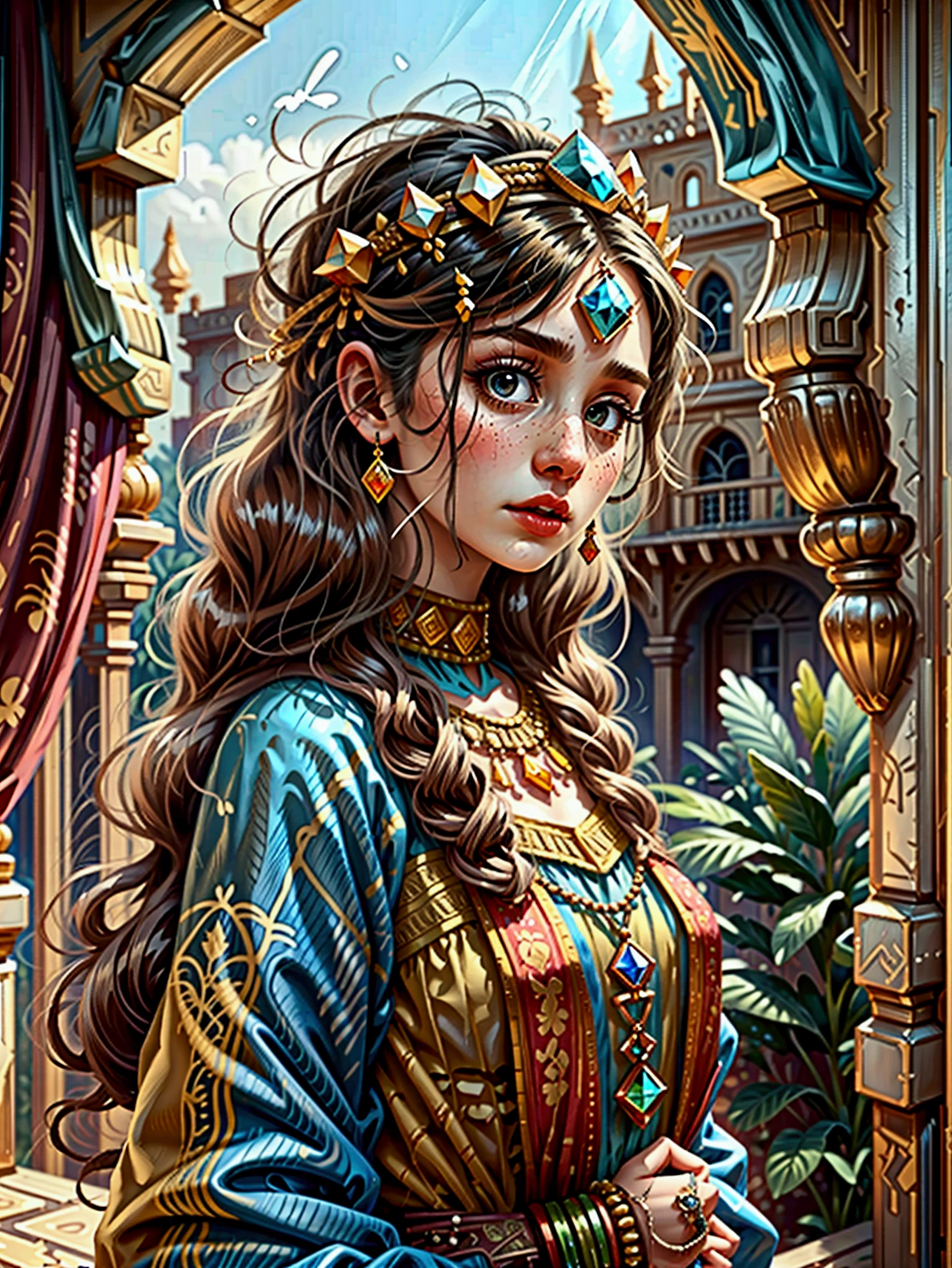 Desert Princess, Wear colorful traditional clothing, An atmosphere of magic and whimsy, Similar to the setting of an animation poster. She strikes a stunning pose in Algiers&#39; enchanting castle, Usually shot with a wide-angle lens, Show the grandeur of the venue, A passion for color and vitality. Special focus on depicting the essence of North African culture and heritage, Embodying her inherent royalty and femininity