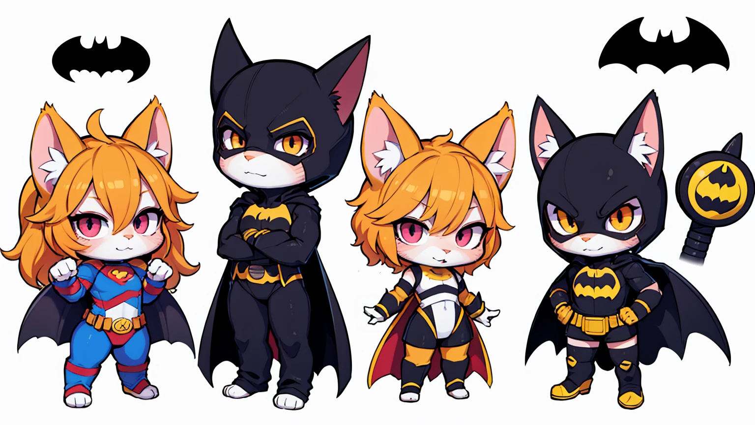 a character game, cat ears, furry, inspired by superman, (full body:1.2) , chibi, advanced digital chibi art, g liulian art style, maplestory mouse, bian lian, chibi art, league of legends art style, character art of maple story, ((view at the viewer)), (((batman costume))), ((white background)), simple background