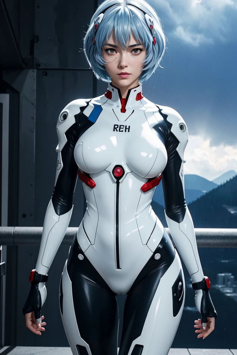 Evangelion,Rei Ayanami,Silver Blue Hair,Red eyes,Red Eyes,Plug Suit,Bodysuits,Interface Headset,白いBodysuits,Ultra HD,super high quality,masterpiece,Digital SLR,Photorealistic,Detailed details,Vivid details,Depicted in detail,A detailed face,Detailed details,Super Detail,Realistic skin texture,Anatomical basis,Perfect Anatomy,Anatomically correct hand,Anatomically correct fingers,Complex 3D rendering,Sexy pose,Rainy Sky,Beautiful scenery,Fantastic rainy sky,Picturesque,Pink Lips,