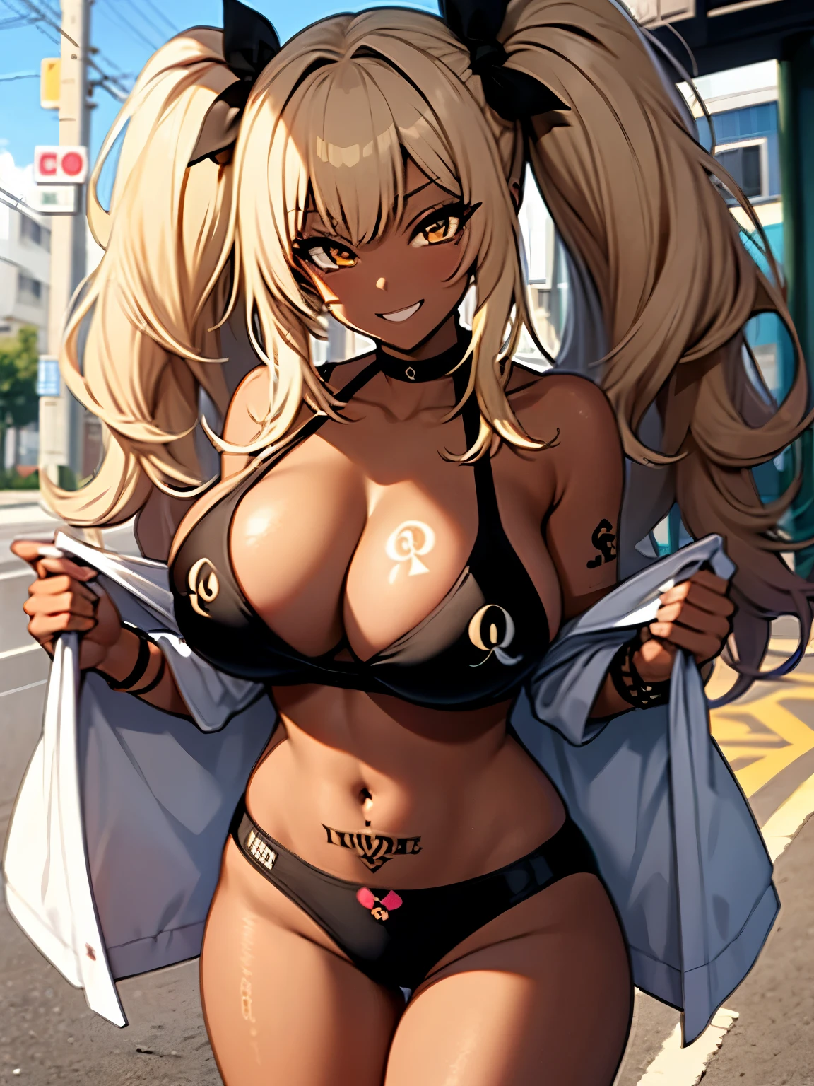 ganguro, gyaru, gyaru makeup, dark skin, tan, tanned, very dark skin, street, long hair, blonde hair, twintails,  black bikini that says blacked on it, sports bra, panties,
big breasts, adult, queen of spades symbol, queen of spades symbol tattoo on crotch, grin