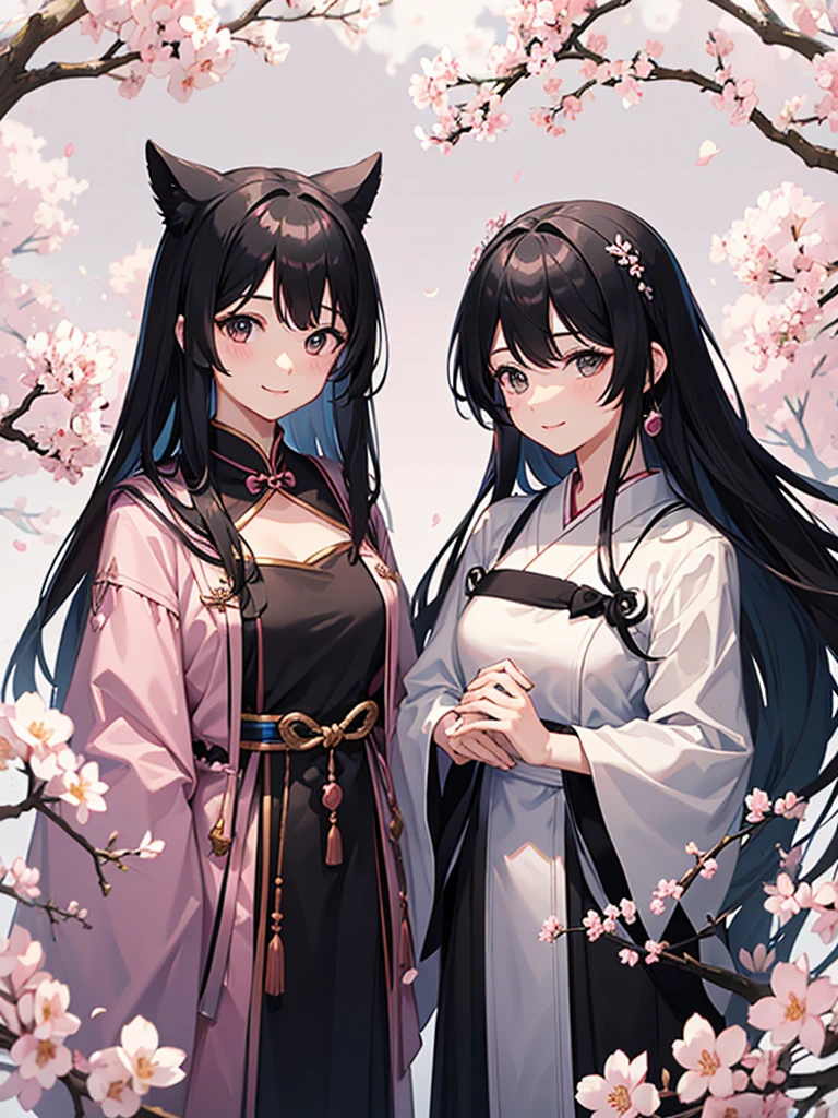 Two women in their 20s、 Fantasia、offcial art, unity 8k wall paper, ultra-detailliert, beautifly、Aesthetic, masterpiece, top-quality、high-detail、A hyper-realistic、Photorealsitic、Braids、Bunching hair、Black eyes、Tanuki face、Tanuki Girl、Tanuki ears、Raccoon tail、Collar with bell:2.0、Brown and black yukata、depth of fields, Fantastic atmosphere, Calm palette, tranquil mood, Soft shading、bbw、very large breast、plump figure、Huge breasts、In the dark forest、a plant、Flushed cheeks、Lick your cheeks、Good friends