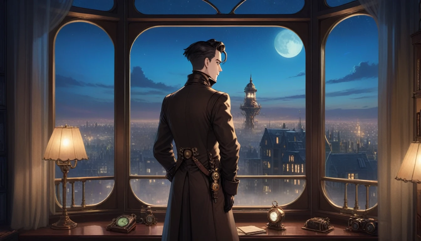 at night, front view of a man overlooking a city out of a large window in a steampunk 20th century apartment