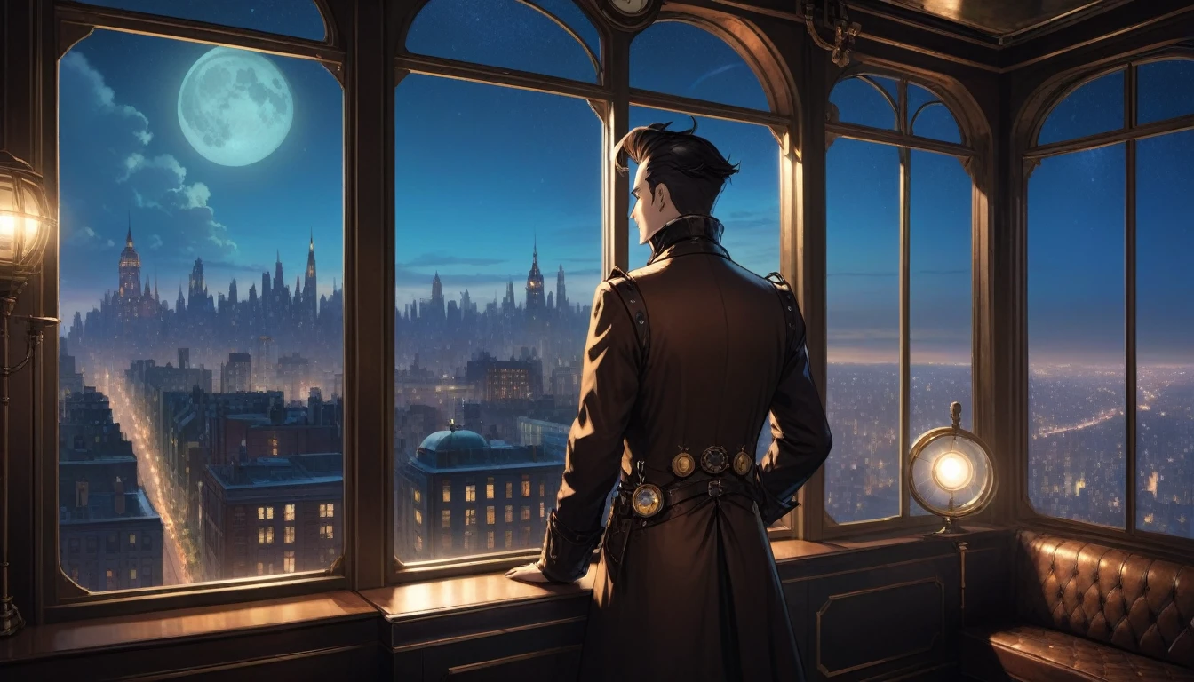 at night, front view of a man overlooking a city out of a large window in a steampunk 20th century apartment 