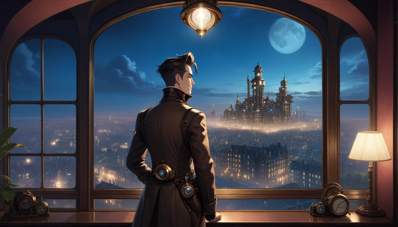 at night, front view of a man overlooking a city out of a large window in a steampunk 20th century apartment