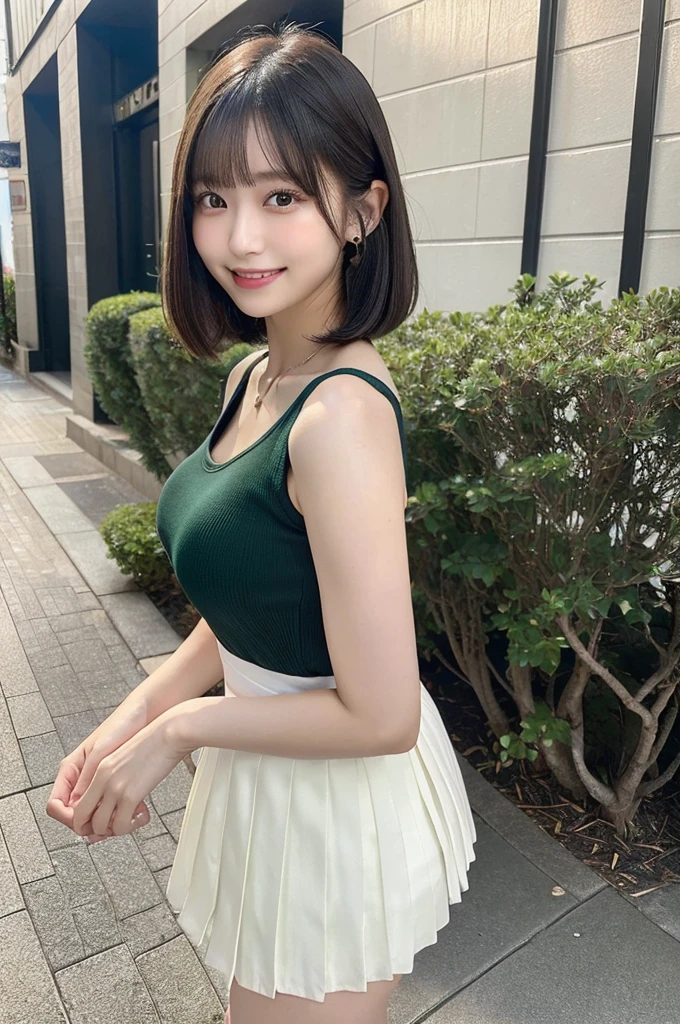 (8k, RAW photo, top quality, masterpiece: 1.2), (realistic, photorealistic: 1.37), three-dimensional, ultra detail, ultra high resolution, beautiful detailed face, one girl, beholder, constriction, slim waist, beautiful detailed skin, skin texture, floating hair, professional lighting, (Japanese beautiful and cute girl:1.2), long hair, bob cut, beautiful hair, 20 years old, attractive breasts, (round breasts:1.2), (huge breasts:1.2), look at viewer, full body, in the city sidewalk, (smiles:1.1), bracelet, earing, necklace, (black color mini pleated skirt), dark color cute belt, (green and white color fancy camisole:1.2), (looking back:1.4)