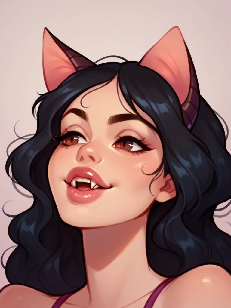 Half body, A beautiful woman, long wavy black hair, brown eyes, casual clothing, cat ears and tail, fangs, horns, sexi, thick lips