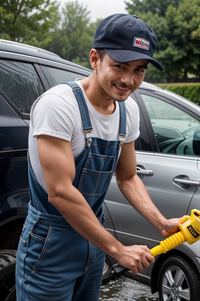 ((best quality)), ((masterpiece)), (detailed), ((1man)) facing the camera ,wearing cap ,((wearing 
overalls)) , using water karcher , smirk , washing car