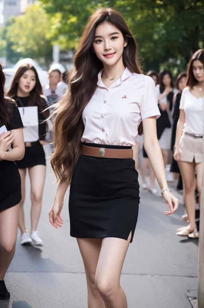 Masterpiece, best quality, 8K, photorealistic, anatomically correct, depth of field, Young Thai woman, 21 years old, My hair is long and wavy., brown hair, shy expression , Eyes on the camera, Long eyelashes, plump lips, cheekbone, small nose, Short chin, Smooth and soft skin, long neck, The figure is very thin., Dark eyebrows, Blush red cheeks, Eyes on the camera, smile a little, small breasts, white short sleeve shirt, collar shirt, women belt, black short pencil skirt, very short, side slit, Long, slender legs, full body, Walking in the middle of a street crowded with people in university