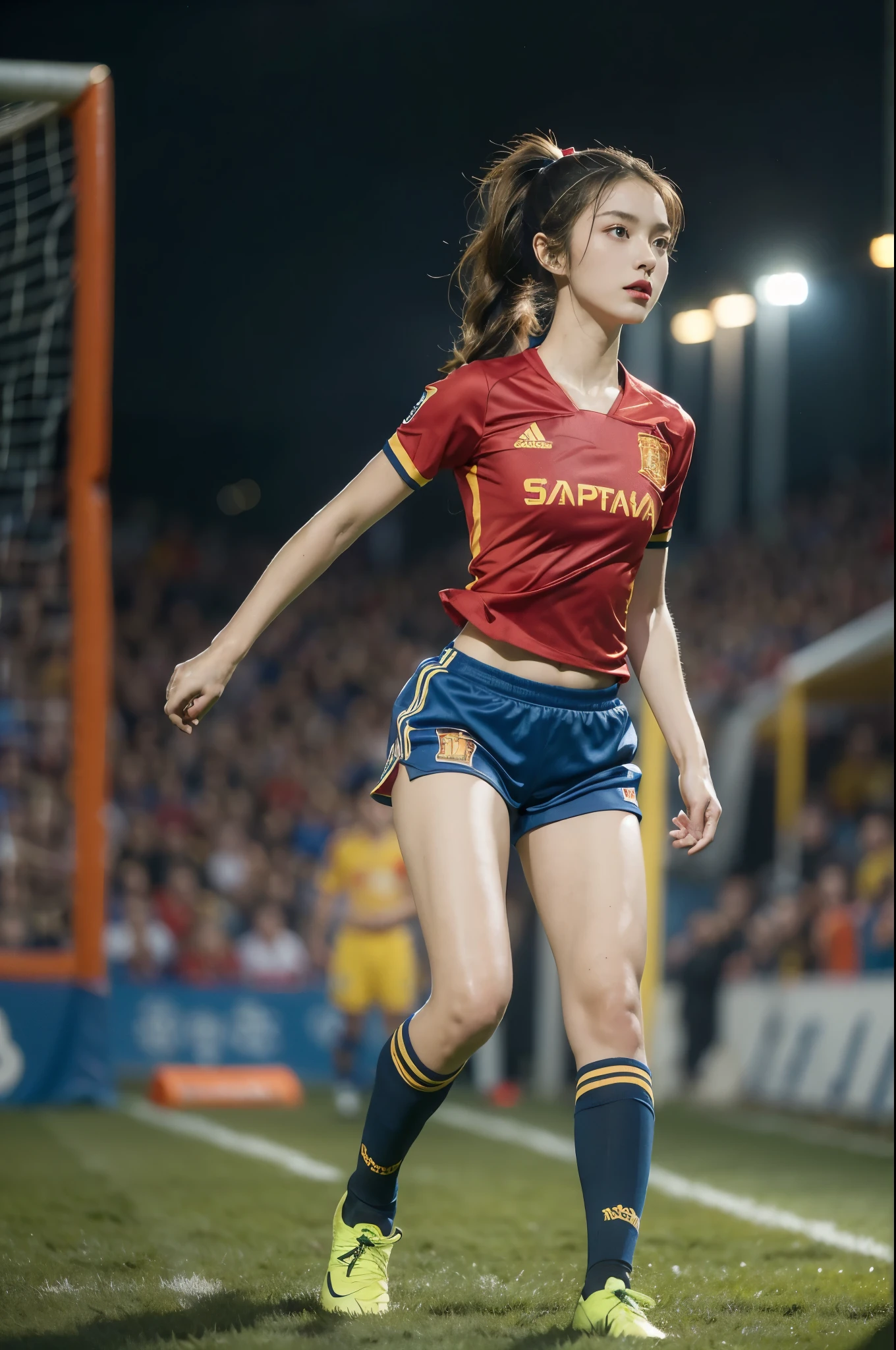 (((best quality))),(((ultra detailed))),(((masterpiece))),illustration,((1 beautiful girl,female footballer,solo)),((small breasts,flat chest)),((slim,thin)),summer night,stadium,crowded stands,enthusiastic spectators,football match,(short ponytail:1.2),(short sleeves:1.2),((Spain team kit,red shirt,blue shorts)),(slender legs:1.2),(football:1.3),fluid movements,powerful,sweat,forehead,exhaustion,passion for football,purposeful running,electric atmosphere,crowd roar,critical juncture,pressure,undeterred,floodlights,luminous glow,long shadows,drama,breathtaking sight,raw passion,unbridled energy,determination,skill,embodiment of sport's spirit,strength,resilience of human spirit,(standing:1.3),((from front,full body))