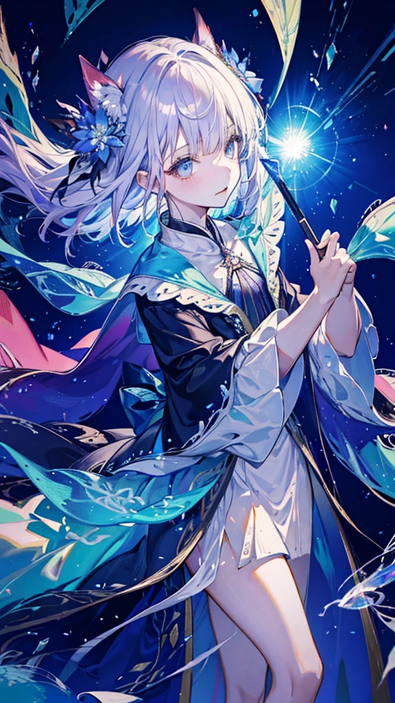 Highest quality,masterpiece,colorful,The background is the World Tree,Transparency,Use HDR technology to create a sense of depth,beautiful,beautiful自然,5 year old girl,Wearing a wizard's robe,He holds a magic wand in his right hand, holding it high,Narrow and gentle eyes,mysterious,Silver hair decorated with blue flowers,Fantasy atmosphere,beautiful虹色の蝶々is flying in the air