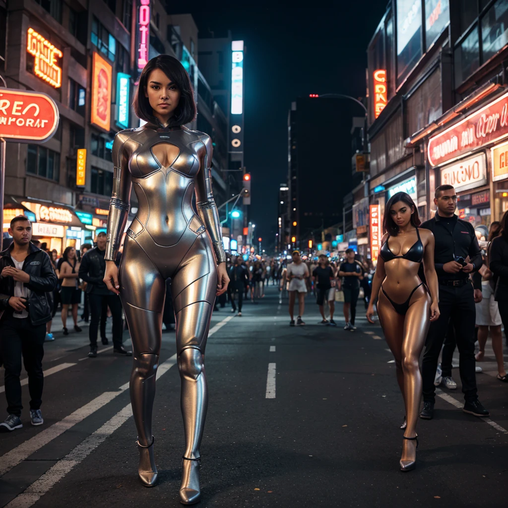 Full-body shot of a seductive female cyborg with short, sleek metallic hair. She has an athletic yet highly feminine figure with detailed facial features, including high cheekbones and luminous eyes. Her suit is a flexible, second-skin-like metal that accentuates her curves. Background: a bustling, futuristic market or street, filled with neon signs and crowds. Pose: relaxed and confident, with one leg forward and hands on her hips, her stance exuding a powerful allure.
