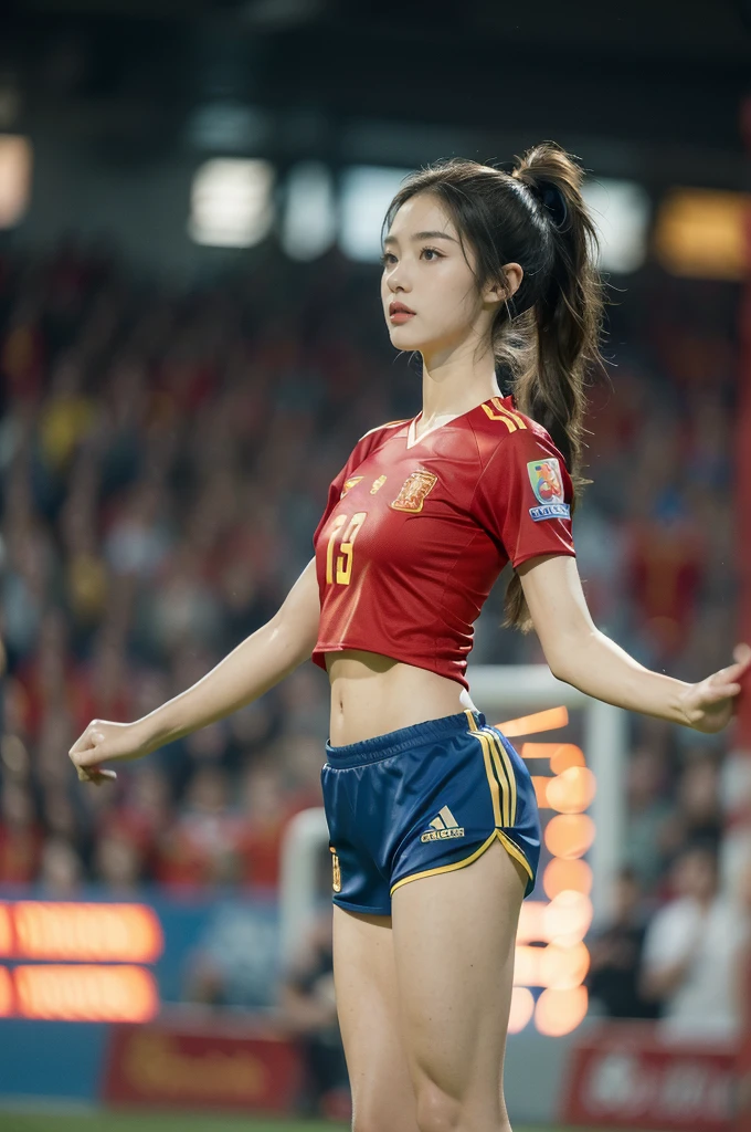 (((best quality))),(((ultra detailed))),(((masterpiece))),illustration,((1 beautiful girl,female footballer,solo)),((small breasts,flat chest)),((slim,thin)),summer night,stadium,crowded stands,enthusiastic spectators,football match,(short ponytail:1.2),(short sleeves:1.2),((Spain team kit,red shirt,blue shorts)),(slender legs:1.2),(football:1.3),fluid movements,powerful,sweat,forehead,exhaustion,passion for football,purposeful running,electric atmosphere,crowd roar,critical juncture,pressure,undeterred,floodlights,luminous glow,long shadows,drama,breathtaking sight,raw passion,unbridled energy,determination,skill,embodiment of sport's spirit,strength,resilience of human spirit,(standing:1.3),((from front,full body))