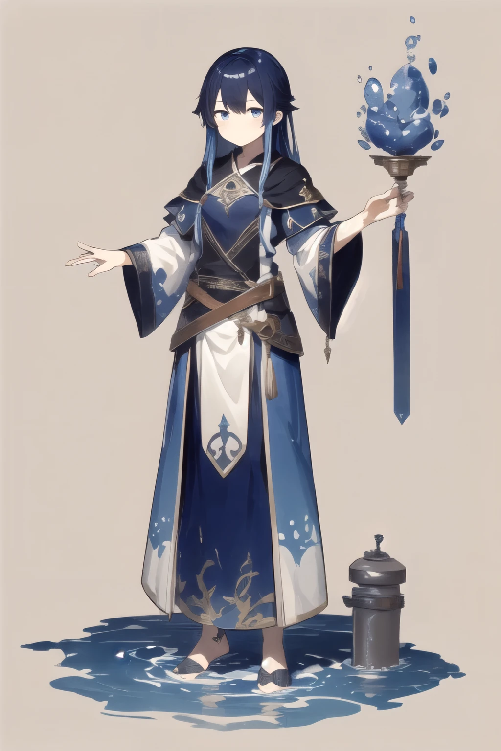 (AS-YoungV2:1.2),  traditional media, 独奏,water system，woman，water systemMage，Blue Hair，Long hair，Mage， Paladin, standing, full body, simple background
