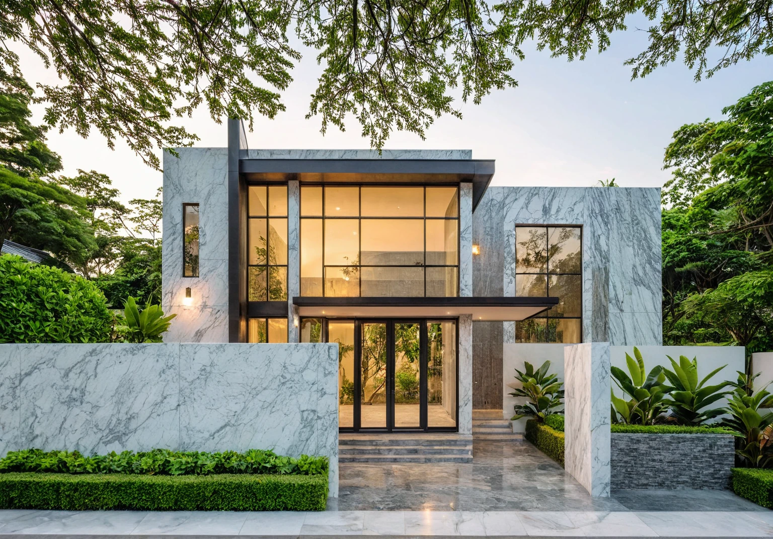 masterpiece, best quality, exterior design, (sunset), one-story modern house in Vietnamese village, marble, steel, modern light-colored granite facade and white walls, wooden ceiling , large glass, modern minimalist style, green shrubs and tropical plants background, large doors and windows.