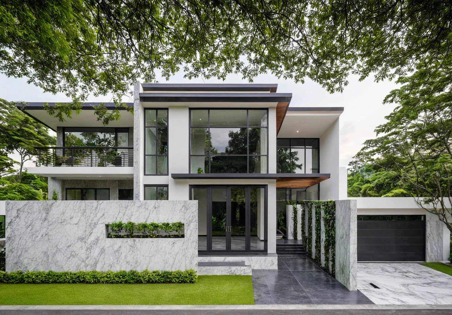 masterpiece, best quality, exterior design, (sunset), one-story modern house in Vietnamese village, marble, steel, modern light-colored granite facade and white walls, wooden ceiling , large glass, modern minimalist style, green shrubs and tropical plants background, large doors and windows.
