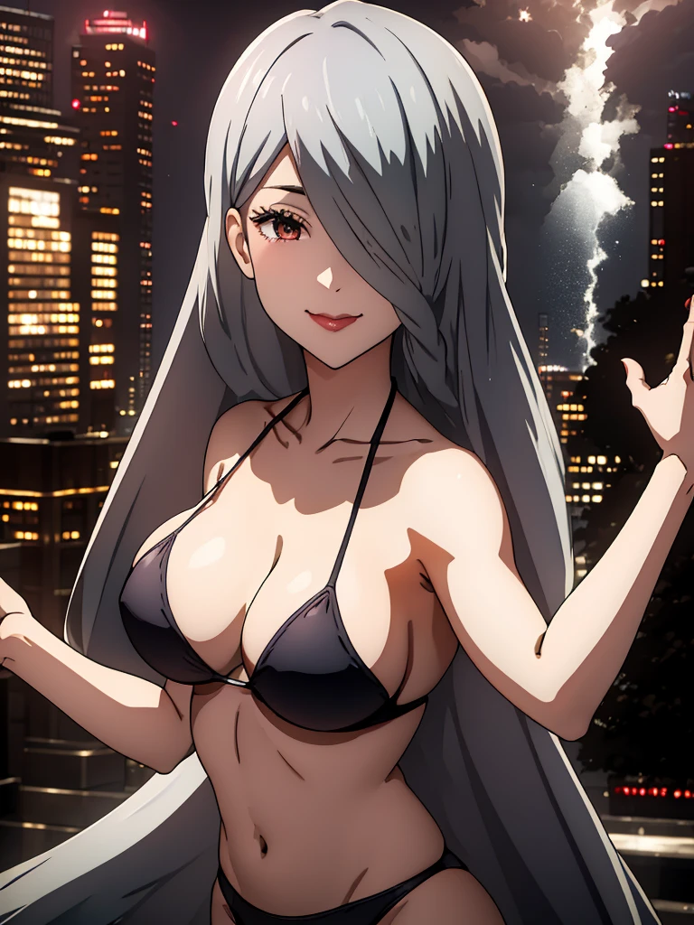 dark, highly detailed, hyper-realistic masterpiece, character design, volumetric lighting, fairy lights, intricate detail, ultra-realistic, hdr.  best quality, perfect detailed, (ultra sharp focus), Mei Mei, silver hair, dark brown eyes 👙👅🍖👙🍖🍑🍑🌃🌌⬛🌆 nice body 🍑🍖
🍖👙large hair on the one eye nice full body big behind