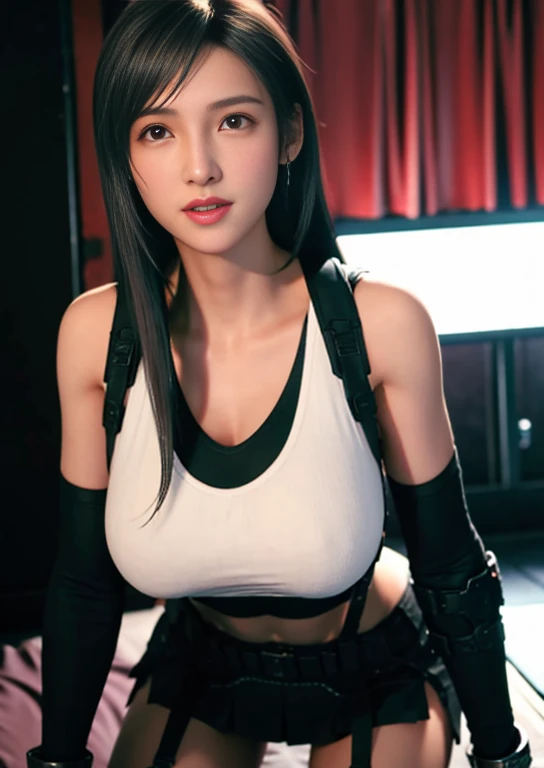 (Photorealsitic:1.4)、top-quality、extremely delicate and beautiful、hight resolution、1girl、FF Remake　tifa lockhart、a smile、suspenders、lowrise、a miniskirt、Tank tops、Tense shirt、A darK-haired、length hair、elbowgloves、Beautiful detailed red eyes、Facial light、light、navel、High exposure、Exposure of the abdomen、thin-waist、(large full breasts:1.2)、dynamicposes、dynamic ungle、all-fours、