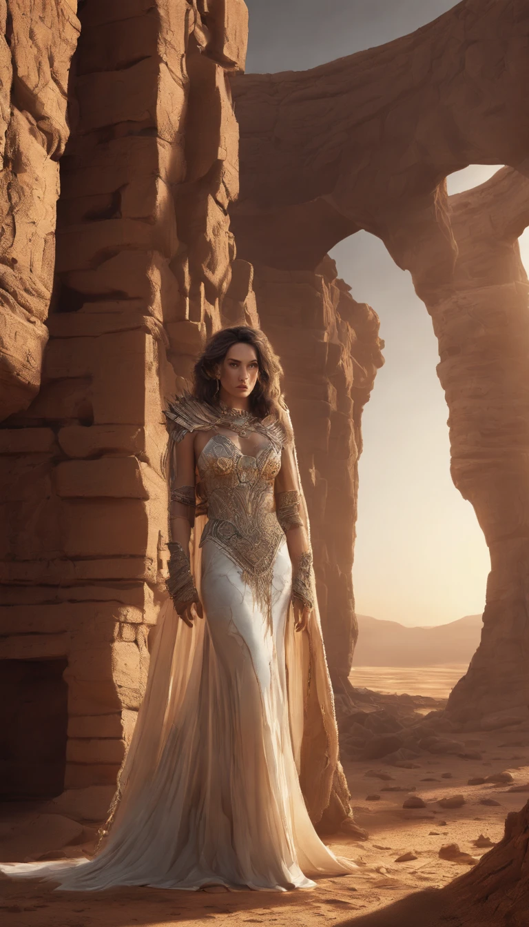 high quality,8k,detailed,photorealistic,masterpiece,digital painting,concept art,beautiful detailed desert princess,full body shot,intricate detailed clothing,exquisite ornate accessories,pointing something with finger, detailed face, desert landscape background,dramatic lighting,warm color tones,cinematic composition,volumetric lighting,atmospheric haze, 8k, uktra-setailed
