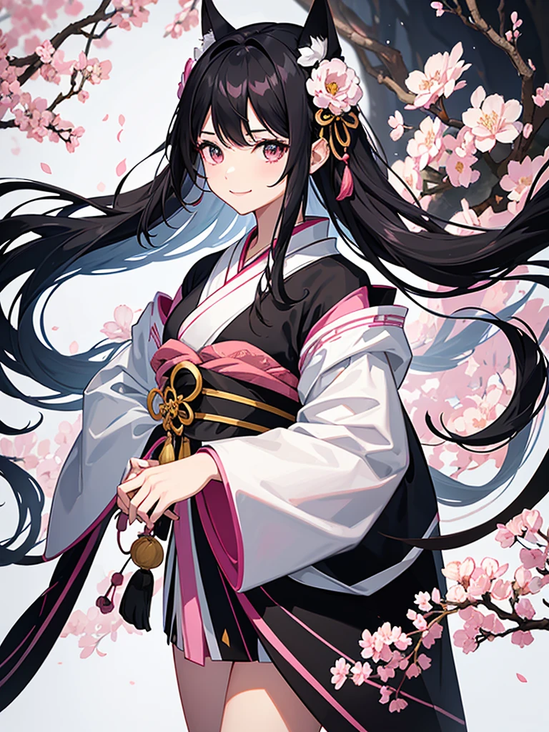 best quality, character design sheet, adult woman、No hat on, Black and pink hair, whole body, Head to Toe, Fortune teller、Standing facing forward, Beautiful black dress, long Black Hair, Pure white background, from front, best quality, Cherry blossom pattern、Japanese、Adult Japanese、Clear eyes、Standing facing forward、The face is facing forward、holding a magic card in hand、White background、Smiling face、Black western dress、Neutral face、Black hair with pink inner color、Wearing a Japanese kimono