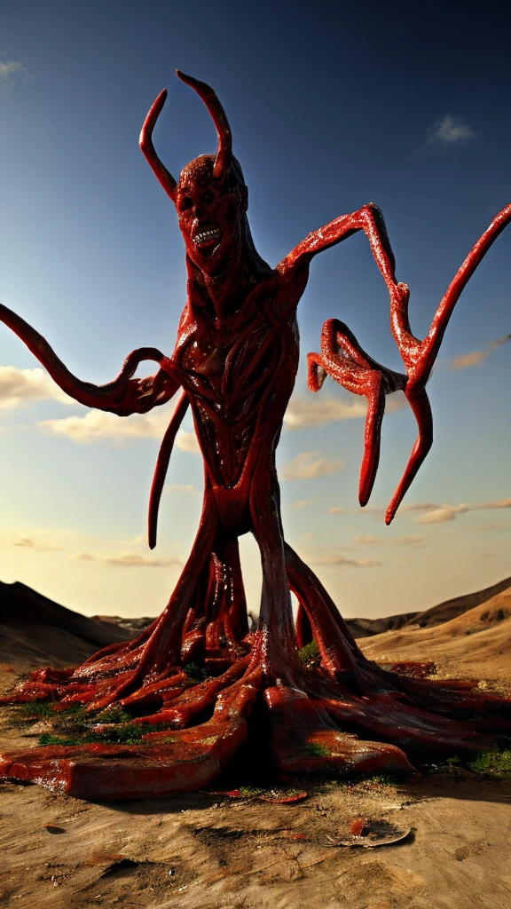 A bizarre, unsettling scene of a reality constructed entirely from meat, flesh, organs, and blood. The landscape is a grotesque mix of limbs, entrails, and veins that form a twisted, nightmare-like environment. Distorted humanoid figures made of flesh and blood are seen wandering through this macabre world, their expressions a mix of horror and confusion.
