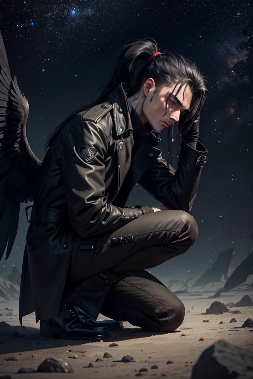 The model in a defeated and sad pose, as if he had seen the end of his life before his eyes. On his back there are black wings as if he were an angel.. The environment is a galaxy, How is it flying through space freely among the stars?. His pupils are black, His iris is red and his sclera is black.. He wears a long trench coat that reaches to his knees., long boots that reach below the knees, wears gloves. Her hair is black and tied in a ponytail..