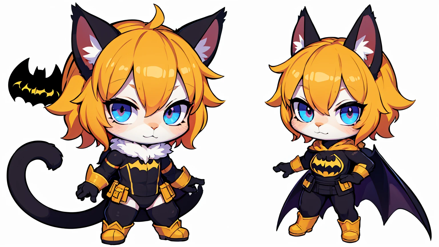 a character game, cat ears, furry, inspired by superman, (full body:1.2) , chibi, advanced digital chibi art, g liulian art style, maplestory mouse, bian lian, chibi art, league of legends art style, character art of maple story, ((view at the viewer)), (((batman costume))), ((white background)), simple background