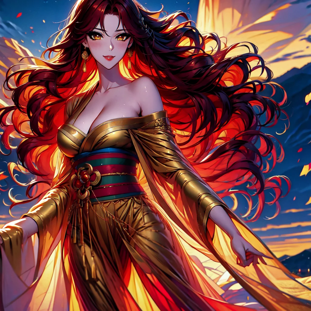 Gorgeous Japanese Mao Abe Hitomi Tanaka in short kimono showing her body, anime style, anime realism, mixed with Mao Abe Hitomi Tanaka, lush smile, golden eyes, long wavy red hair woman, twenties, flexible female body, nice round breasts, anime style long hair, cleavage, detailed eyes, detailed hands, detailed face, colors, flower