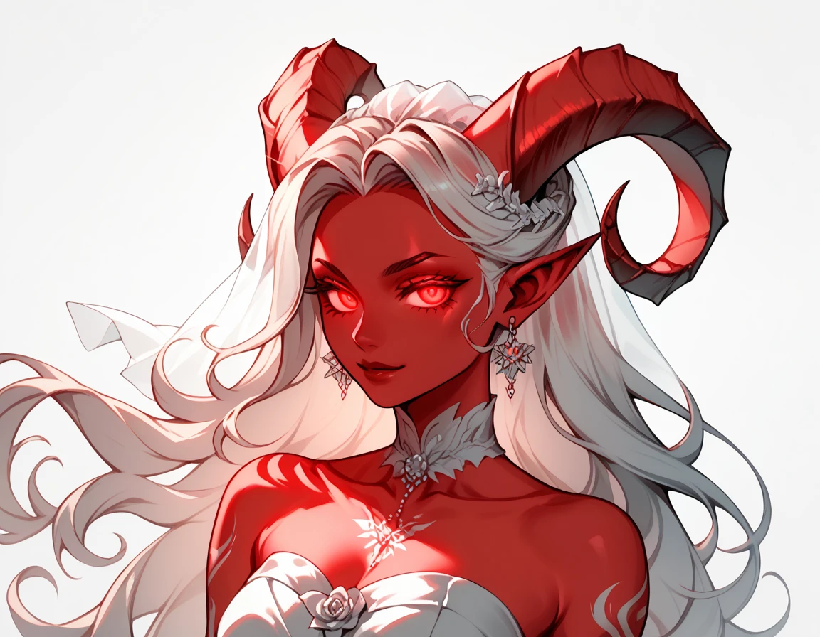 score_9, score_8_up, score_7_up, 1girl, solo, flowing hair, glowing red eyes, curved ram horns, sharp ears, red skin, demoness, stark white background, limited red palette, monochromatic, eerie atmosphere, light wedding dress, seductive,