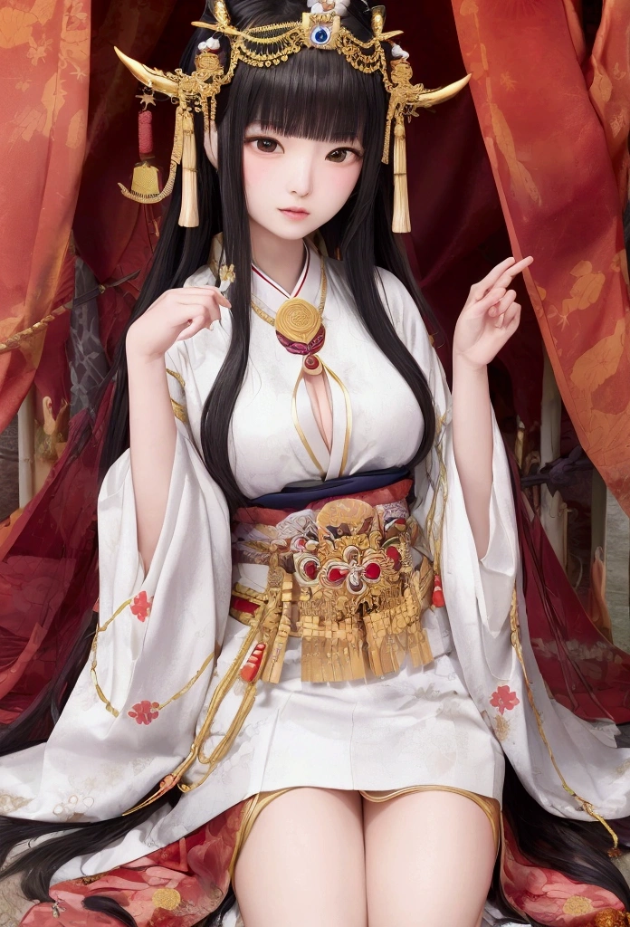 Highest quality, Detailed illustration of Himiko, Queen of Yamataikoku in Japan in the 3rd century。She reflects status and mystical power..、wear traditional ceremonial clothing with elaborate patterns and decorations。Roomy robes、Decorated headdress、Wearing ceremonial jewelry。background、shrine、torii、Or it could include elements of ancient Japan, such as the jungle.、Depicting the quiet and mysterious nature。Her expression is calm and dignified.、Represents wisdom and authority。