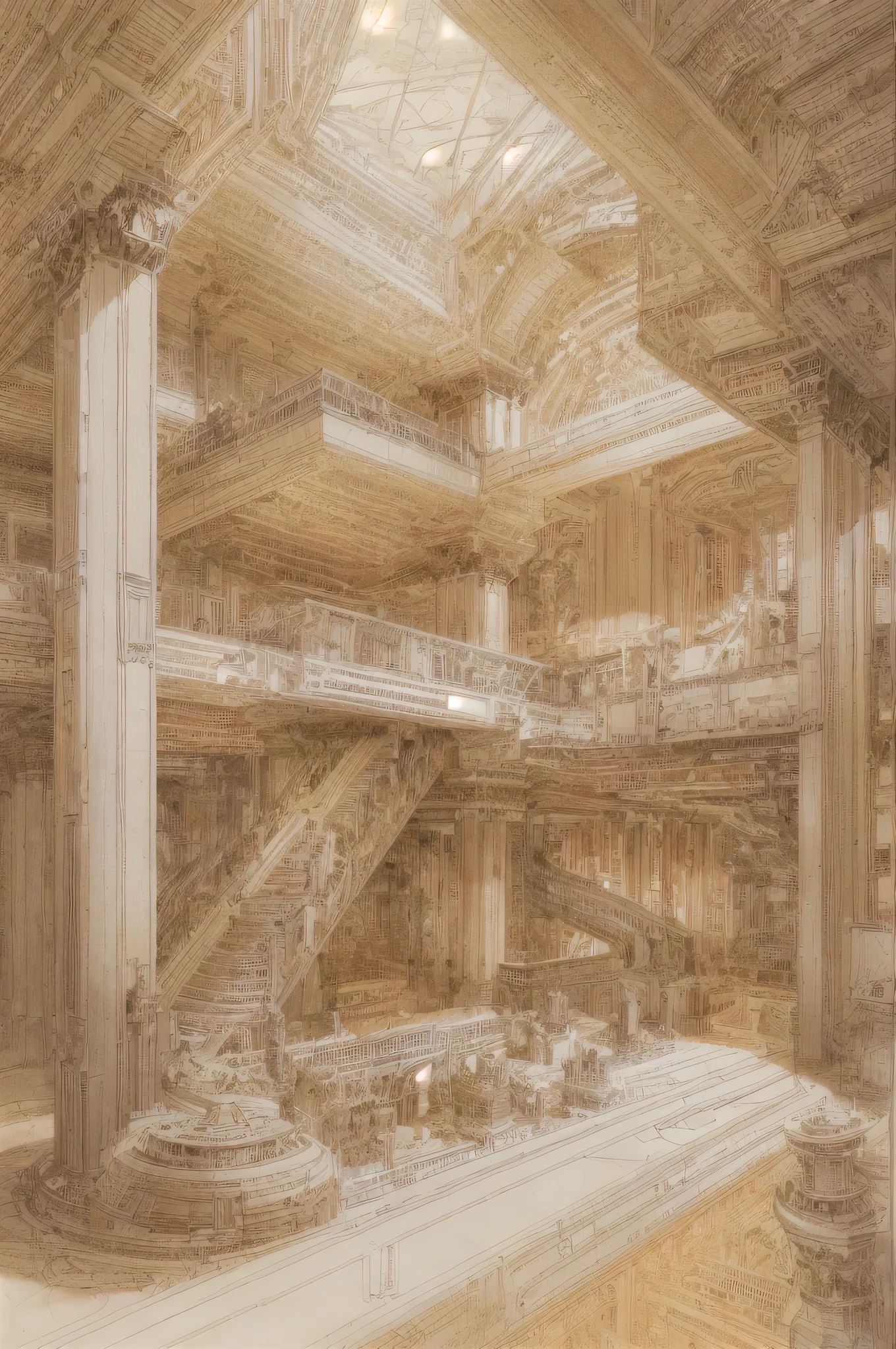 A highly detailed, futuristic architectural sketch of a grand postmodern human habitat, drawn in a stunning and warm golden hue with light gray shadows. The lighting should be dramatic yet comforting, creating a sense of grandeur, awe, and warmth, similar to the reference image. The design should feature intricate lines and structures, showcasing the complexity and beauty of the building. Emphasize the scale and magnificence of the structure to evoke a sense of wonder and amazement. The sketch should have visible lines and shading to emphasize its conceptual nature, blending advanced technology with elegance and a warm, welcoming atmosphere."