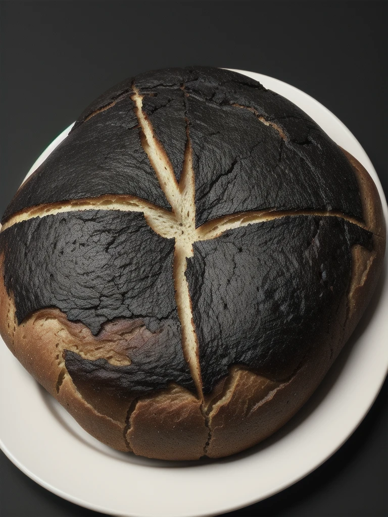 a photorealistic a piece of burnt bread, black as coal. White background