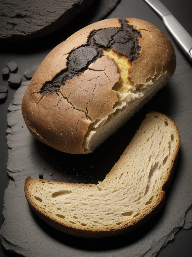 a photorealistic a piece of burnt bread, black as coal. White background