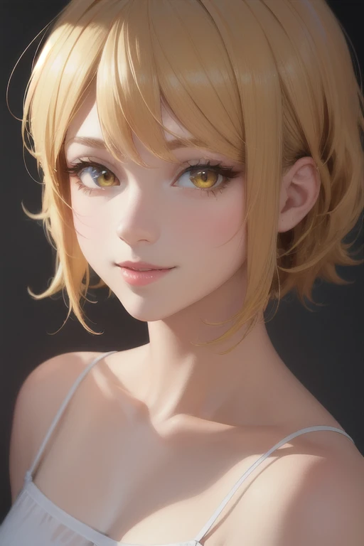 girl,Character design sheet,Beautiful attention to detail,Beautiful lip detail,Highly detailed eyes and face,Long eyelashes, Like an oil painting, art, Super detailed,Professional,Vibrant colors,Portraiture,Studio Lighting,,Physically Based Rendering,High resolution,超High resolution. Yellow Eyes, Blonde,Short Hair,smile,Fluttering Hair、rib cage,camisole,foot