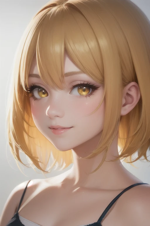 girl,Character design sheet,Beautiful attention to detail,Beautiful lip detail,Highly detailed eyes and face,Long eyelashes, Like an oil painting, art, Super detailed,Professional,Vibrant colors,Portraiture,Studio Lighting,,Physically Based Rendering,High resolution,超High resolution. Yellow Eyes, Blonde,Short Hair,smile,Fluttering Hair、rib cage,camisole,foot