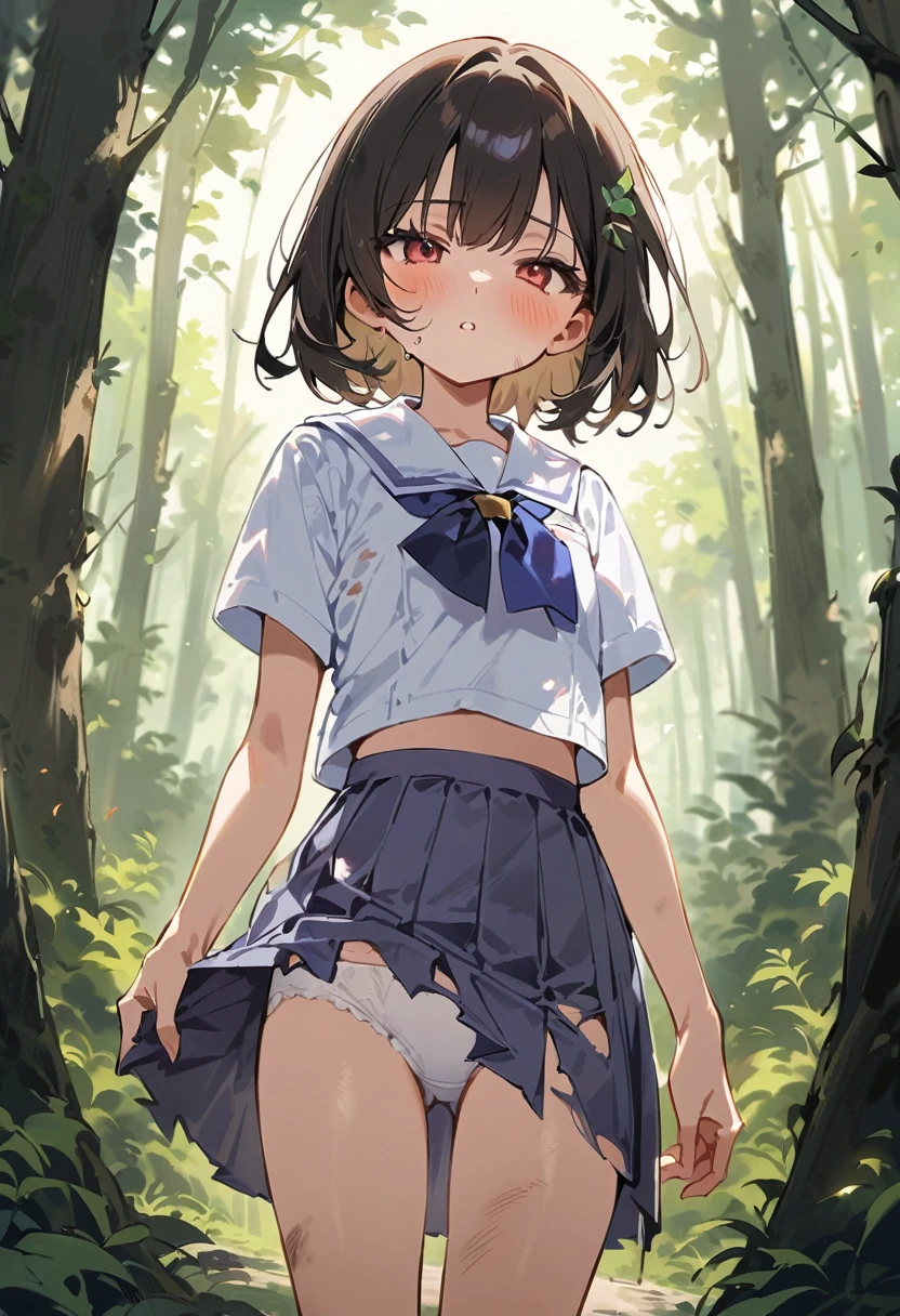 beautiful detailed girl,(masterpiece,best quality,extremely detailed:1.2),((cowboy shot:1.1)),(solo,,kawaii,slender,small breasts:1.25),(pained look:0.8),((white underwear) in ((Torn school uniform)):2),(dirty:2),blush,shy,weep,standing,(deep forest:1.5),(hug:0.4),rating: general, newest,Sexy face