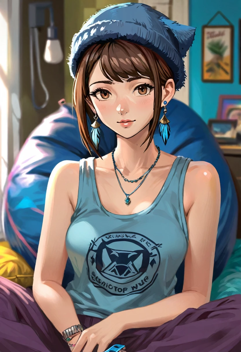 Adult female, mature, very short shaggy brown hair, wolf cut style hair, brown beanie, brown eyes, baggy hipster clothes, tanktop, hipster room, chill demeanor, nonchalant, neutral expression, one blue feather earring, leaning back on bean bag, holding lighter, fully clothed, highly detailed, specific detail, perfect detail, perfect eyes, perfect hands