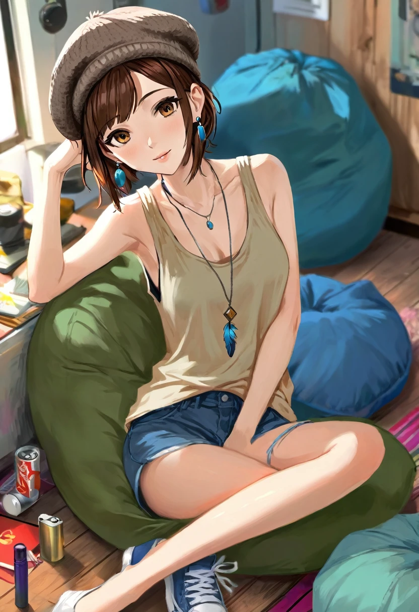 Adult female, mature, very short shaggy brown hair, wolf cut style hair, brown beanie, brown eyes, baggy hipster clothes, tanktop, hipster room, chill demeanor, nonchalant, neutral expression, one blue feather earring, leaning back on bean bag, holding lighter, fully clothed, highly detailed, specific detail, perfect detail, perfect eyes, perfect hands