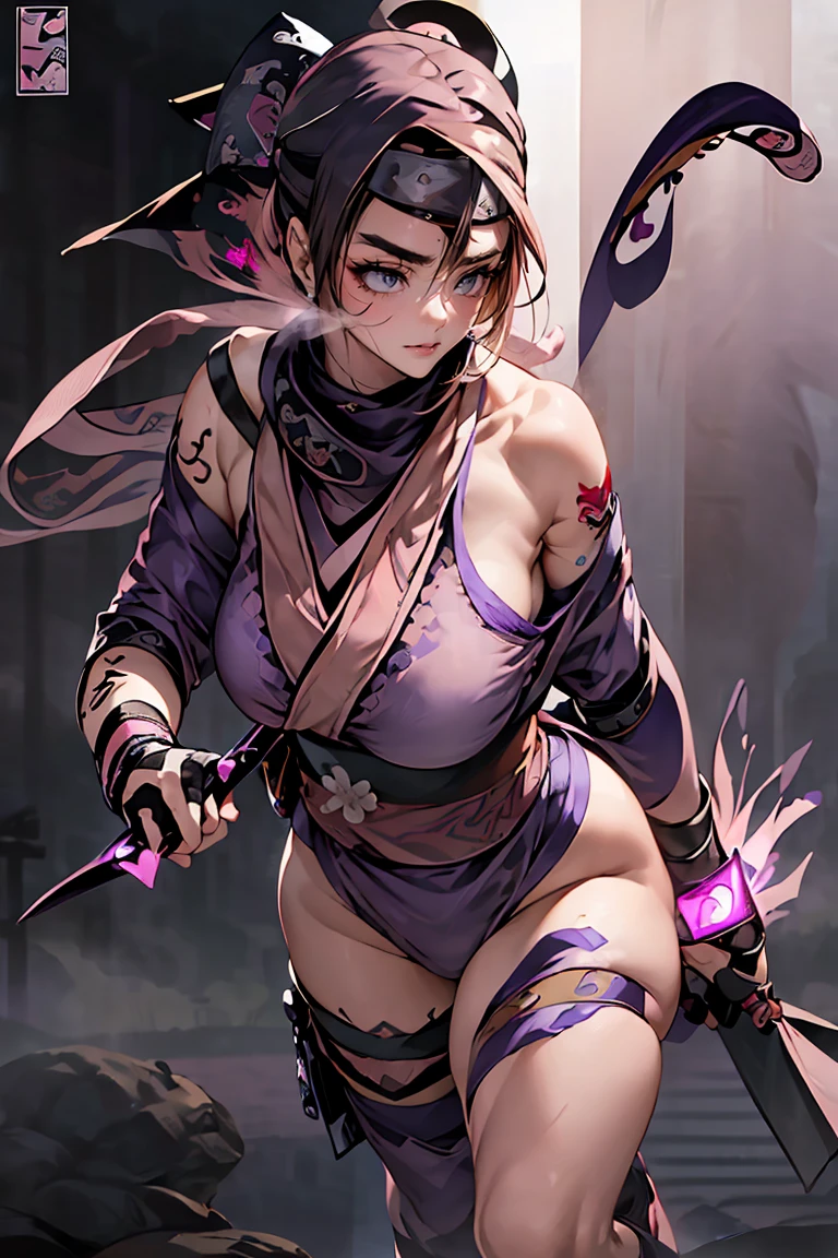 Raise your hands behind your head、night、(masterpiece、Highest quality、Very detailed、so beautiful、Full Body)、、Attractive woman、Angry expression、Sweating profusely、soaked、((Alluring female ninja、Purple Shinobi Costume:1.8))、(((Pink dense fog effect:1.9)))、(Thick lips、Thick eyebrows、Almond-colored eyes、Black Hair)、((Skin:1.4))、Chest wrap、Navy blue long scarf、(From below:1.2)、Japanese garden、(pubic tattoo、glowing tattoo:1.3)