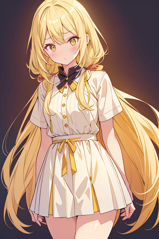 One girl, alone, woman, (Tolerate野_Tolerate),(blonde) (blonde_hair), (gold_hair), ((length_hair)), ((前hair)), (yellow_eye), blush, cute, Love&#39;s Cheek, Innocent face, pointed_ear, (blush_Stickers), flat_Big breasts, Narrow waist, dress,